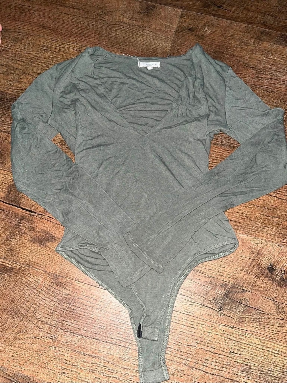 Long Sleeve V-Neck Bodysuit in Olive Green - Unbranded
